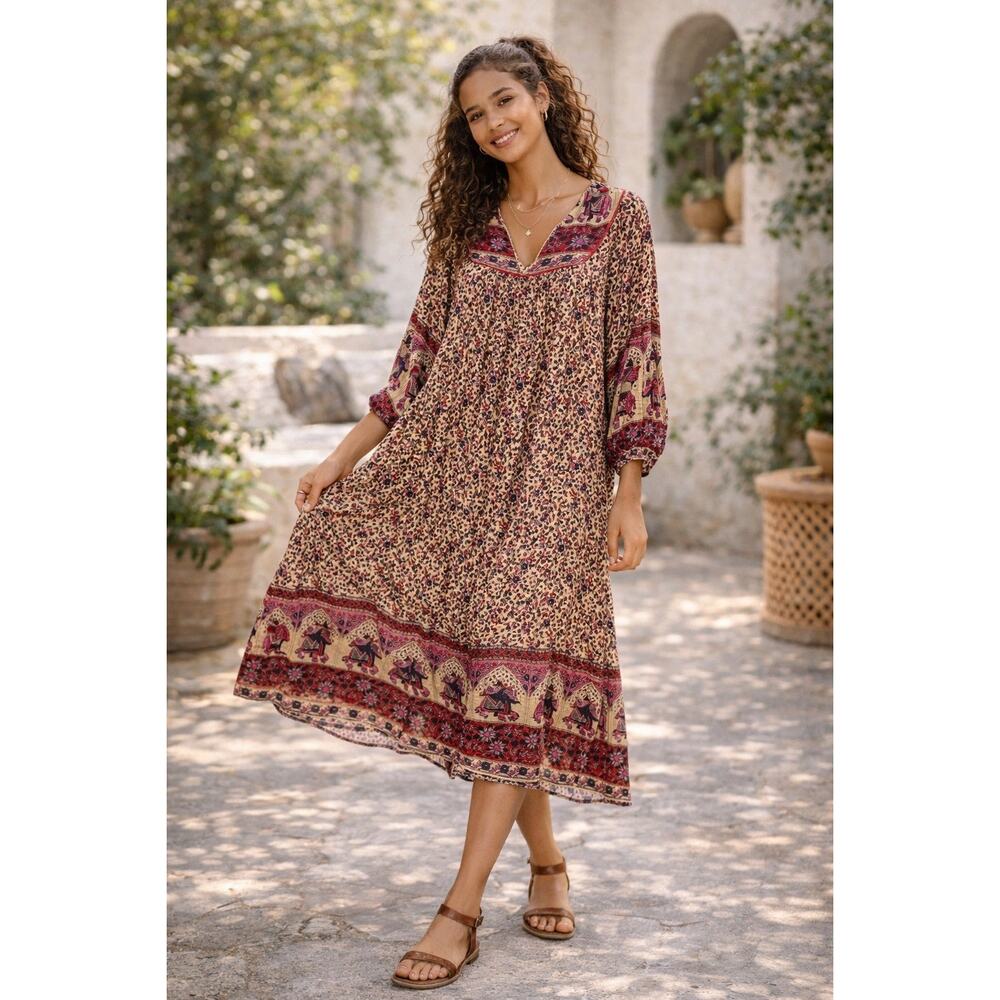 Modern Soul Boho Gypsy Folk Print Midi Dress V-Neck Size 11